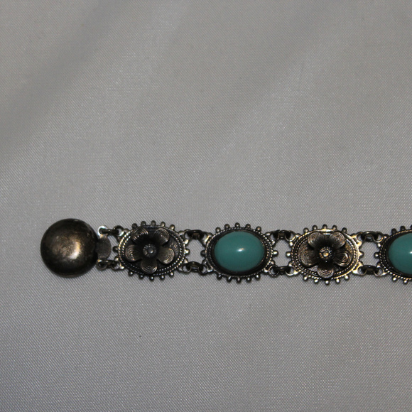 Vtg Flower Bracelet Turquoise Glass Silver Tone - Picture 2 of 8